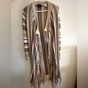 Almost Famous Boho Fringe Knit Long Cardigan Colorful Striped (S)